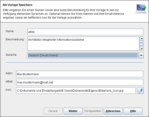 Eingabe von Informationen beim Export als Vorlage