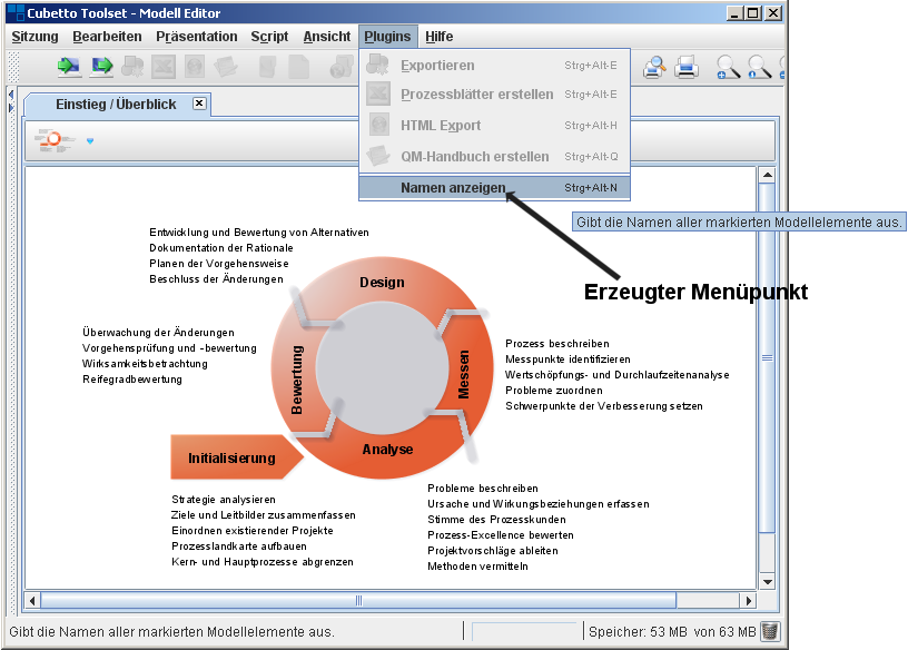 Durch das Plugin Erzeugter Menüpunkt