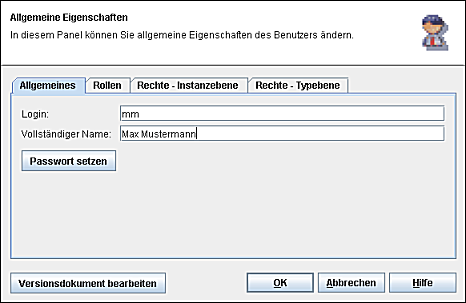 Der Editor für Benutzer, Rollen und Rechte