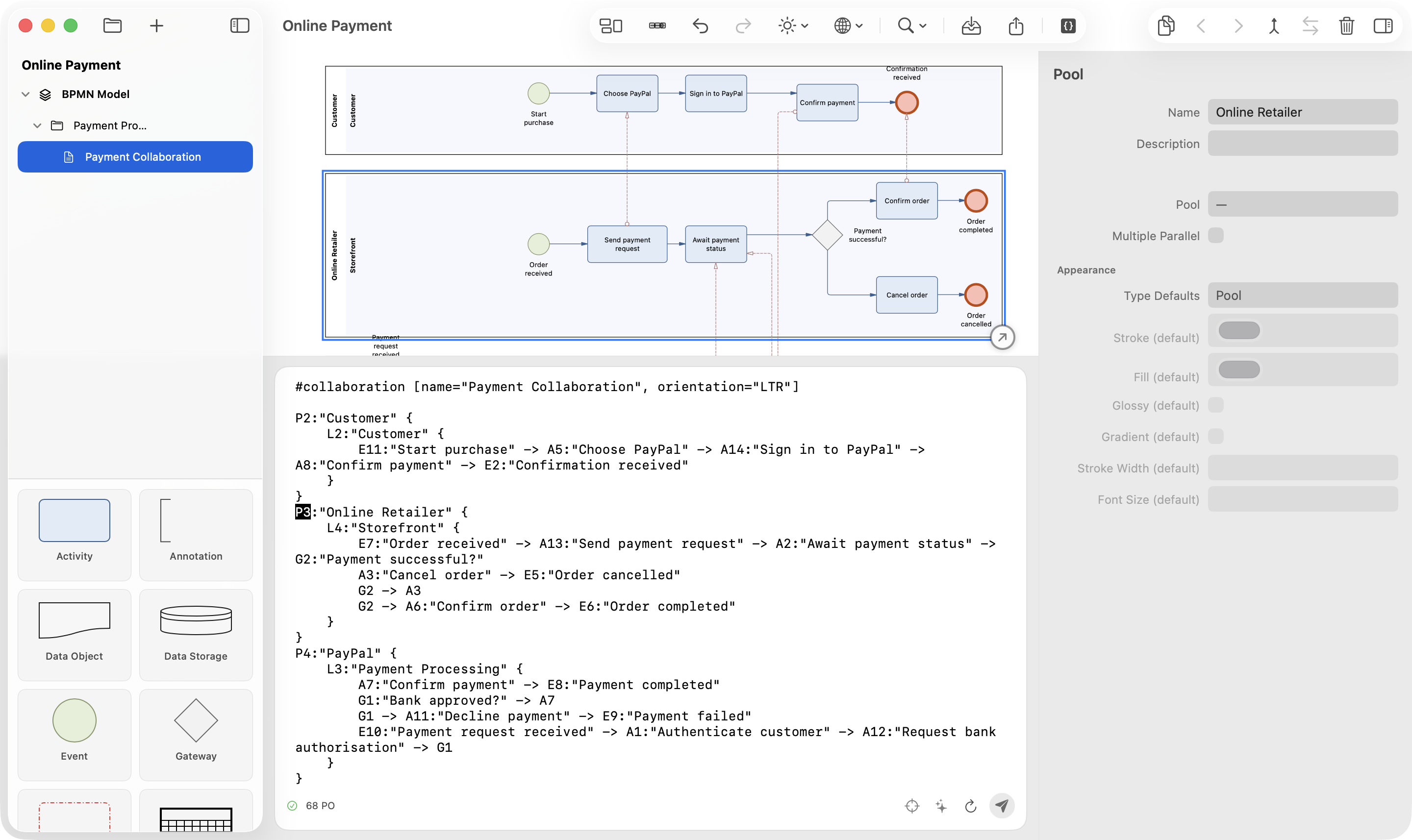 CubeText-Editor mit einer strukturierten Beschreibung eines BPMN-Modells