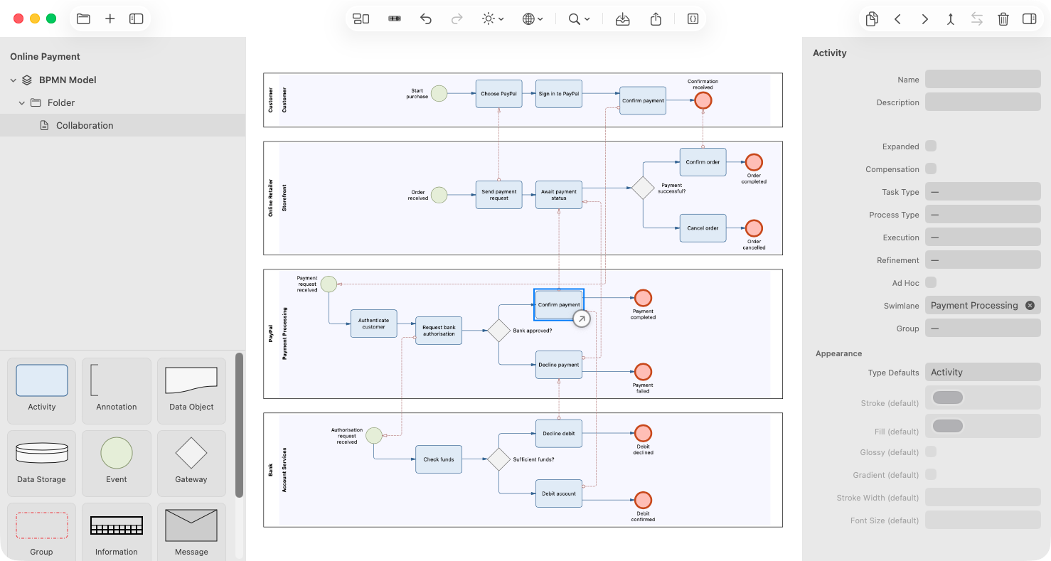Aktualisierte Cubetto-7-Arbeitsoberfläche mit Projektstruktur, BPMN-Zahlungsmodell, Objektbibliothek und Inspector